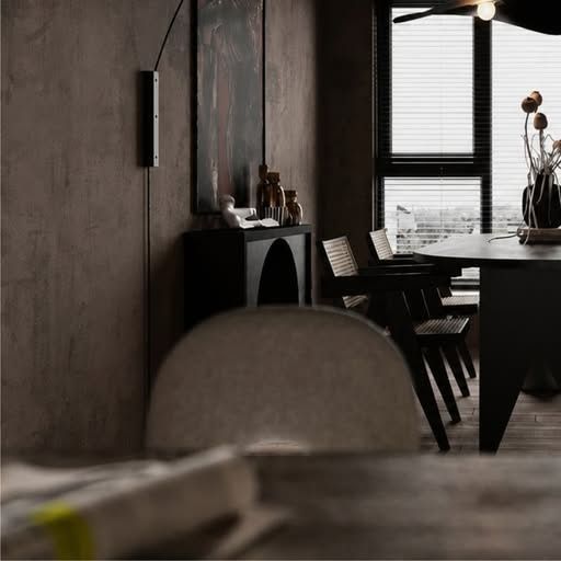 Beton dokulu duvarlı yemek alanında siyah kemerli konsol, yay formlu lambader ve hasır sandalyeler